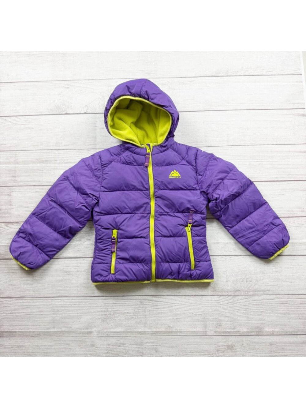 Snozu Girls Hooded Puffer Jacket Purple Neon Yellow Zipper Pockets 6